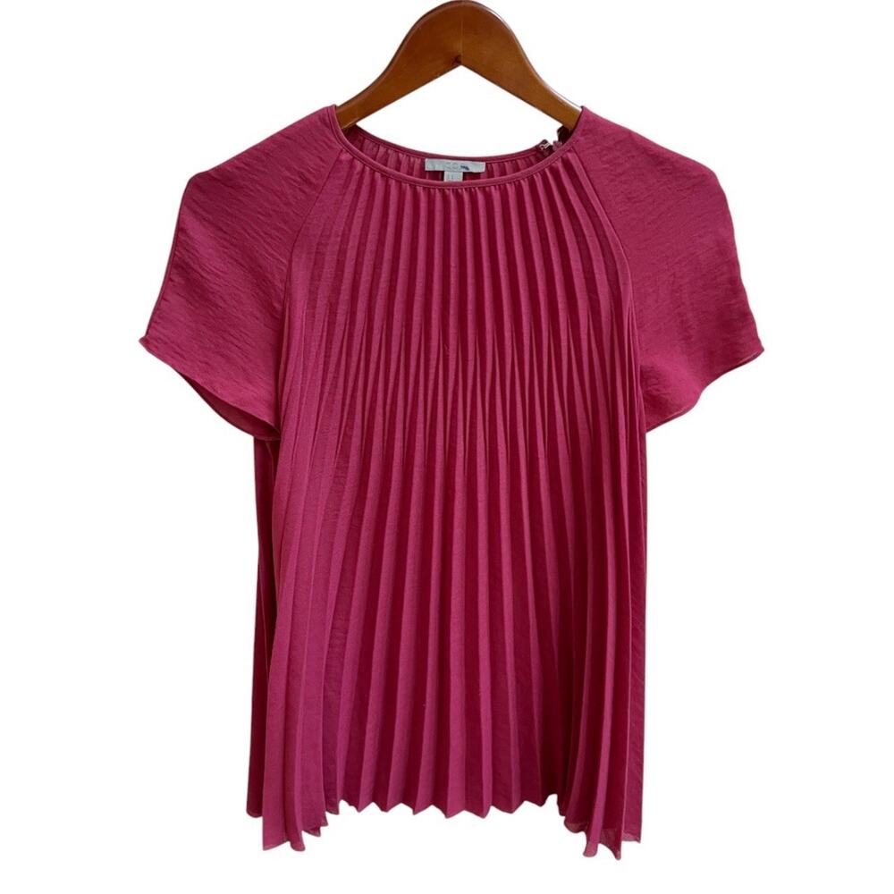 COS Pleated Tunic Blouse Sz 8 Short Slv Asymmetric Zipper Burgundy Crepe
